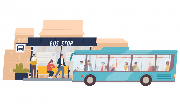 Stație de autobuz cu autobuzul în prim plan